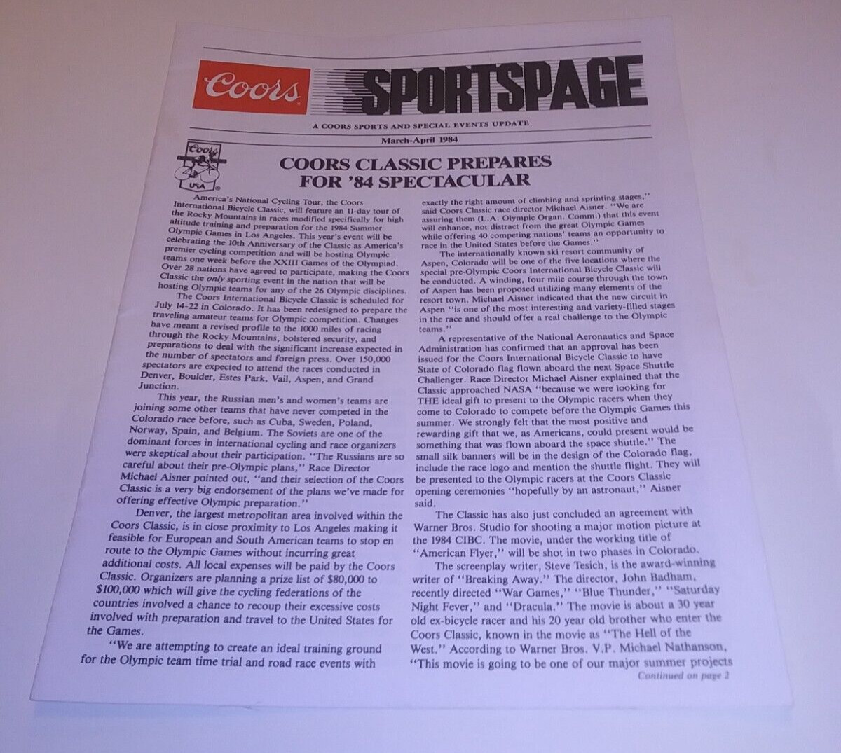 1984 Coors Sportspage Sports & Special Events Update Coors Classic Bicycle Race