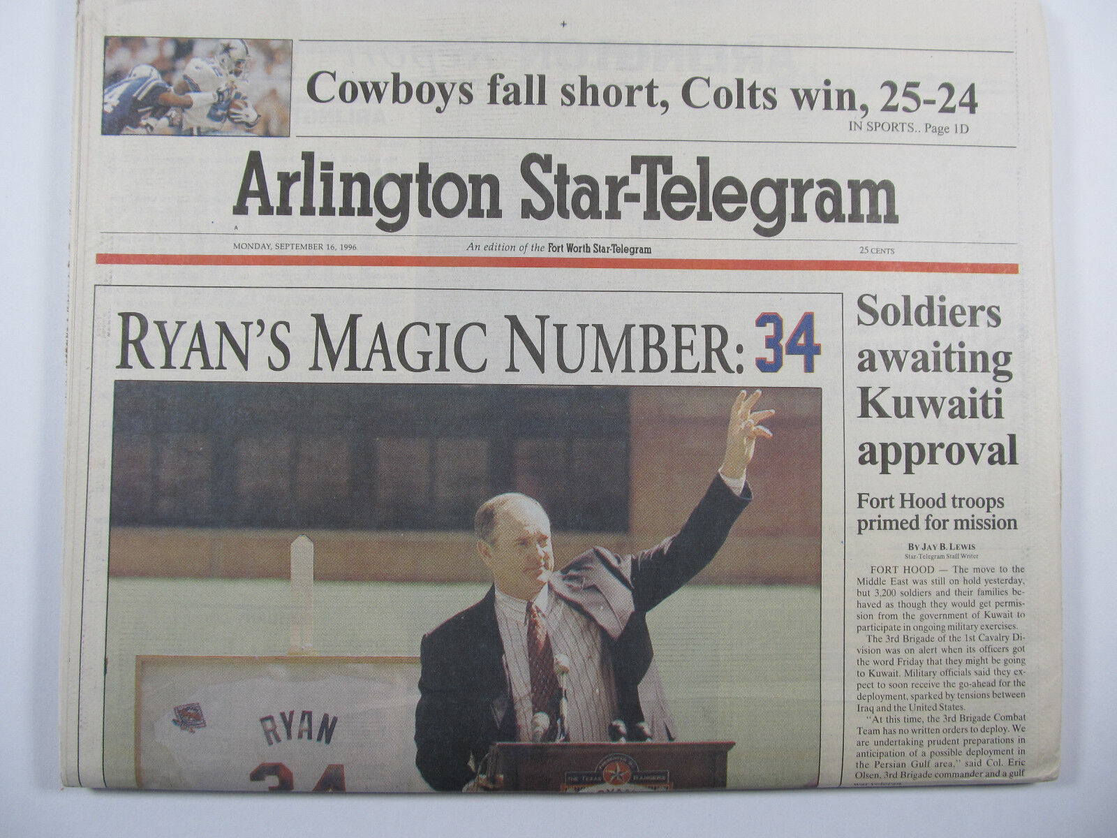 Vintage Souvenir Edition Newspaper 1996 Nolan Ryan's Texas Rangers #34 Retired 