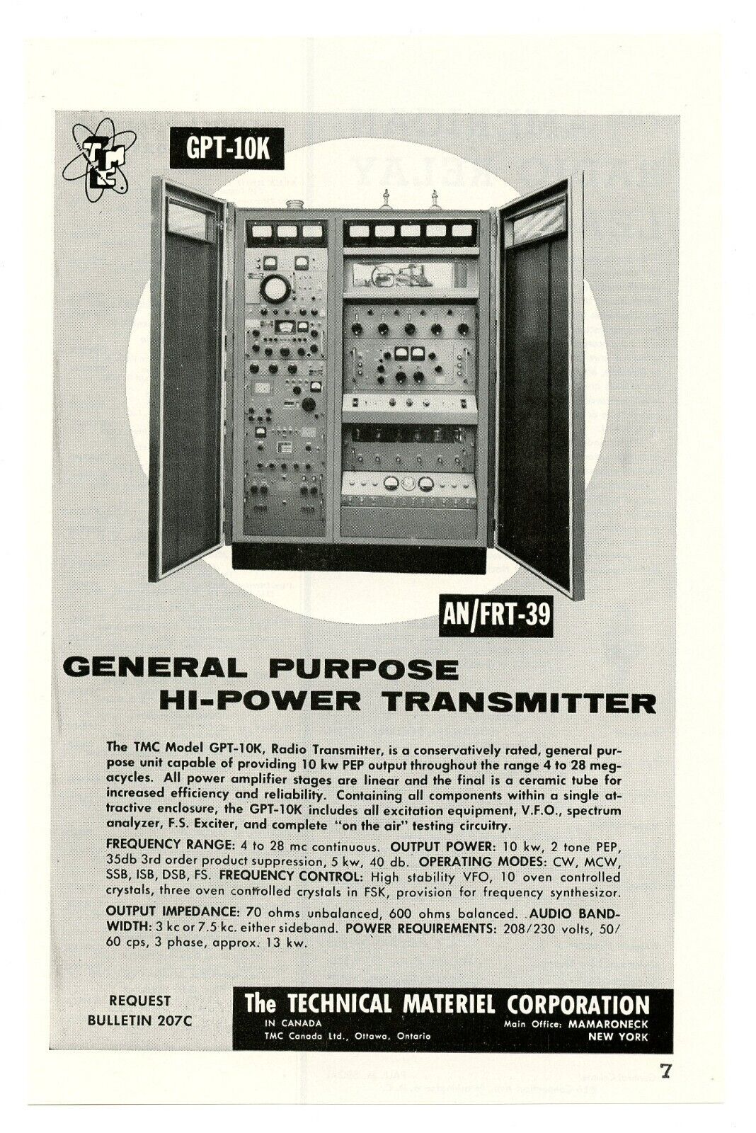 QST Ham Radio Mag. Ad TECHNICAL MATERIEL CORP. Model GPT-10K Transmitter  (5/59)