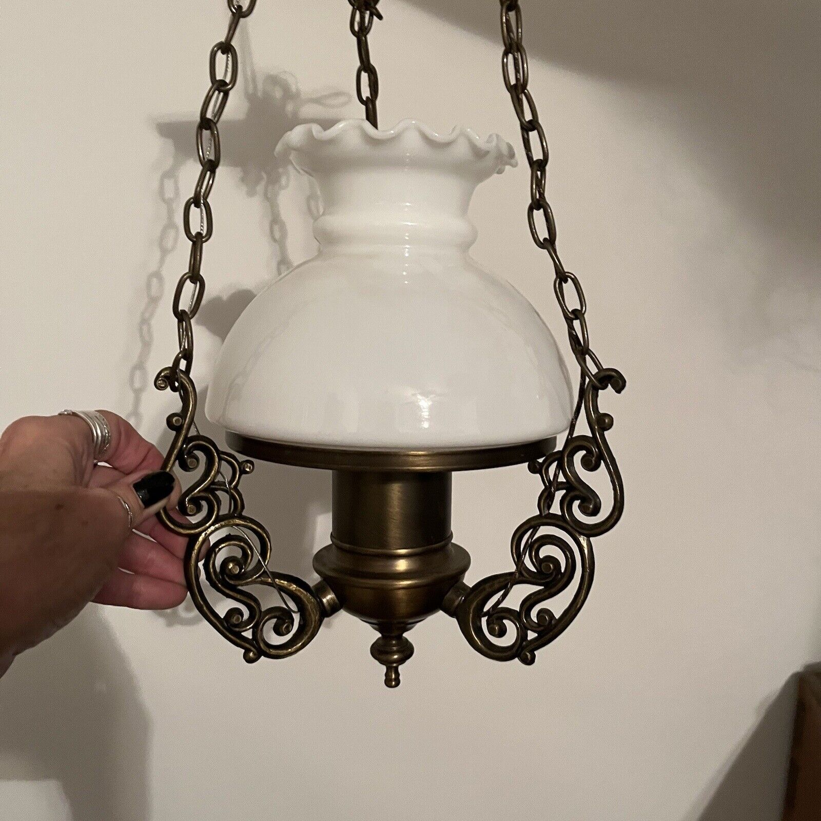 Vintage Antique Brass White Crimped Glass Linked Direct Mount Light Estate