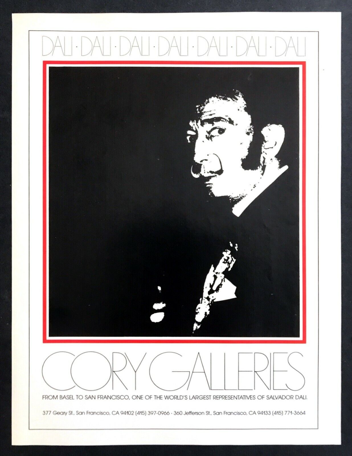 1975 Salvador Dali portrait art represented by Cory Gallery SF,CA promo print ad