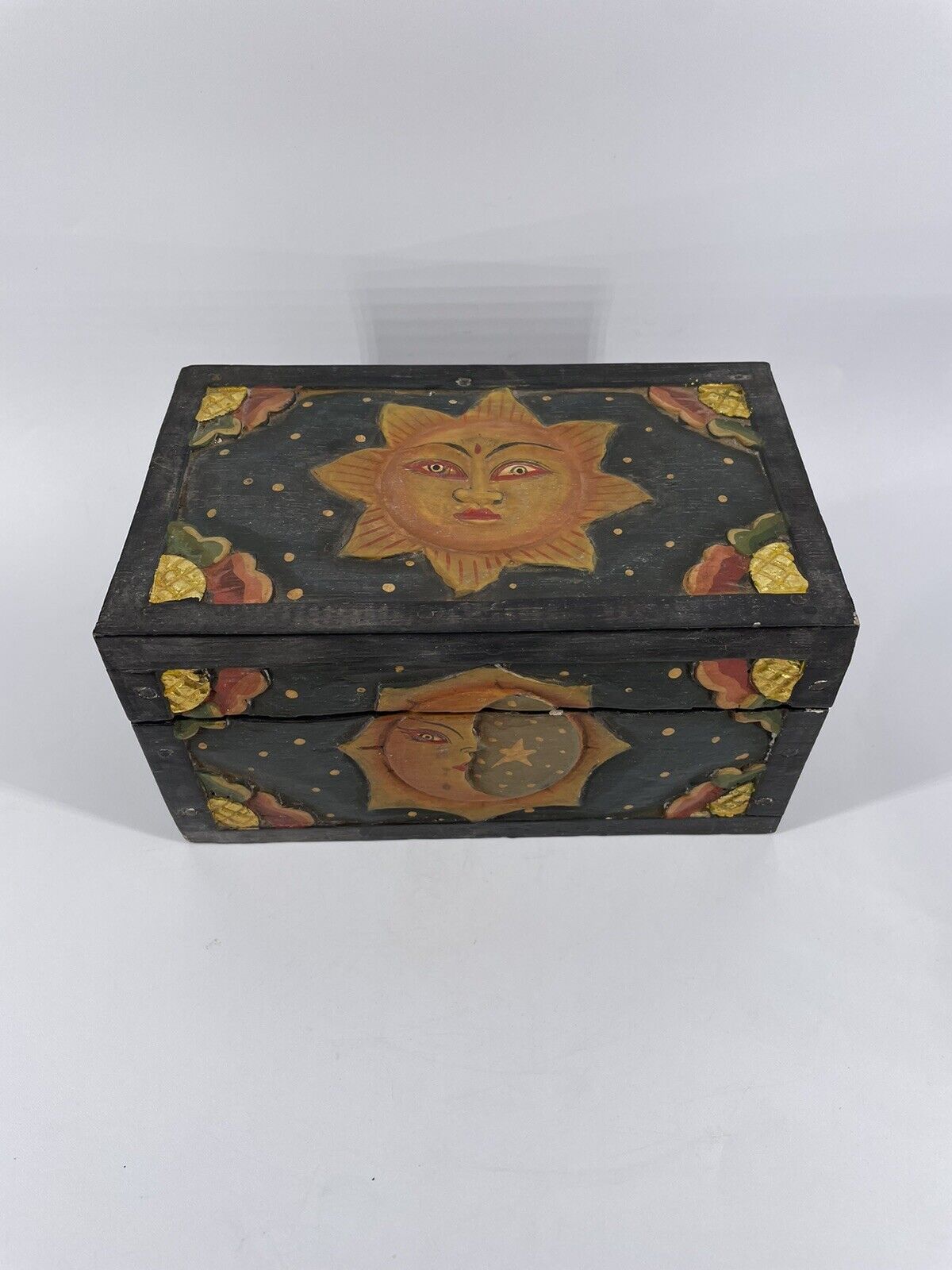 Hand Painted Wooden Trinket Box Sun Moon and Stars ying yang Hinged New Age