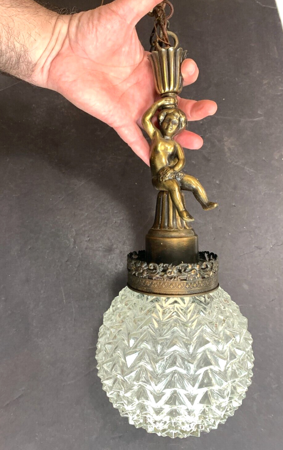 Vintage MCM Glass & Brass Cherub Girl Swag Hanging Light Fixture & Shade only