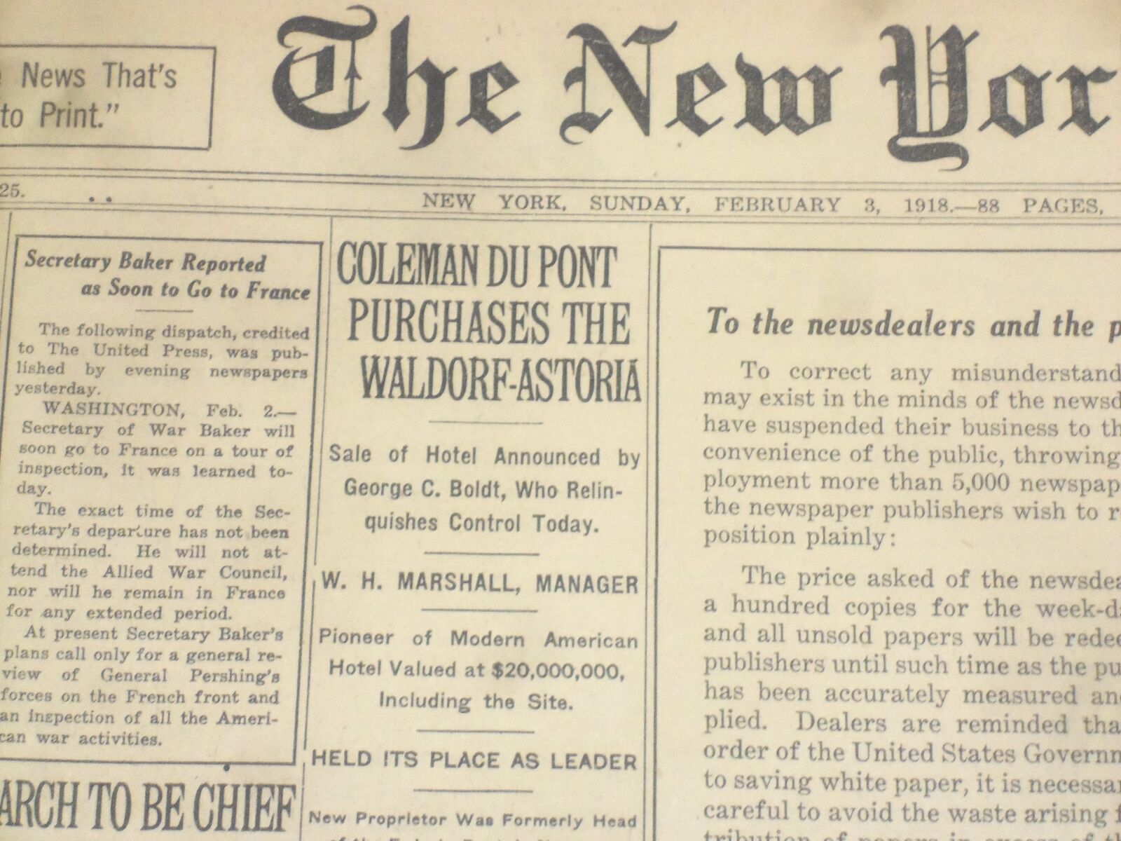 1918 FEBRUARY 3 NEW YORK TIMES - DUPONT PURCHASES THE WALDORF-ASTORIA - NT 8229