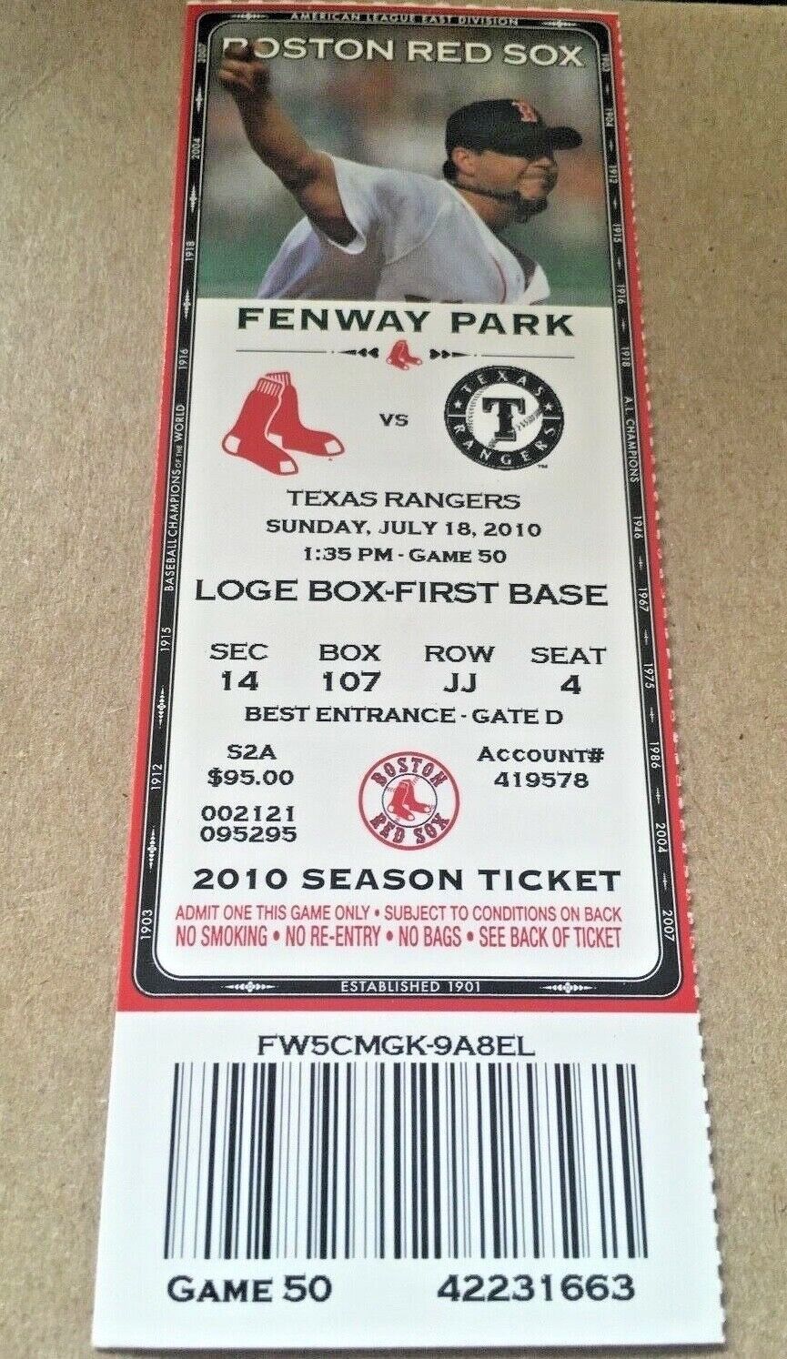 Mike Cameron HR #269 Home Run July 18 2010 7/18/10 Red Sox Rangers Full Ticket
