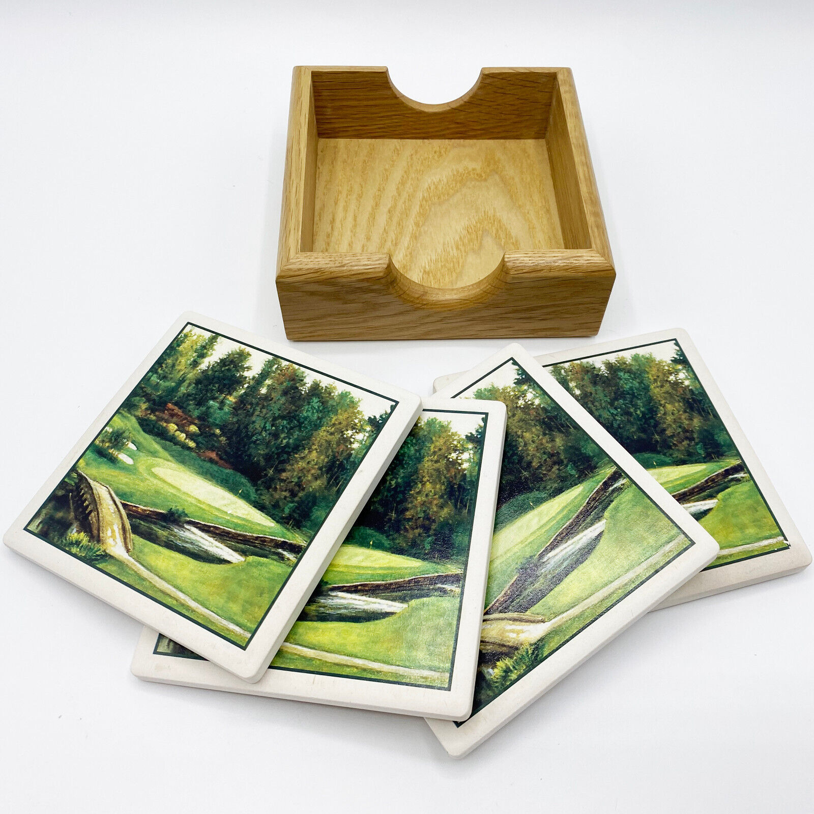 Vintage Set of 4 Golf Course Coasters & Holder - Stoneware with Cork Backing