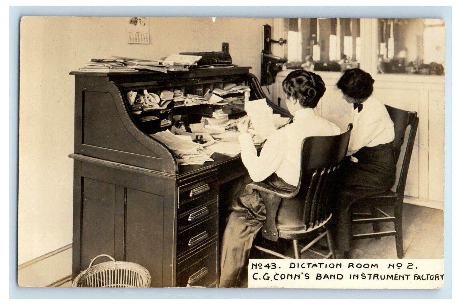 c1910\'s Dictation Room CG Conn\'s Band Instrument Factory IN RPPC Photo Postcard