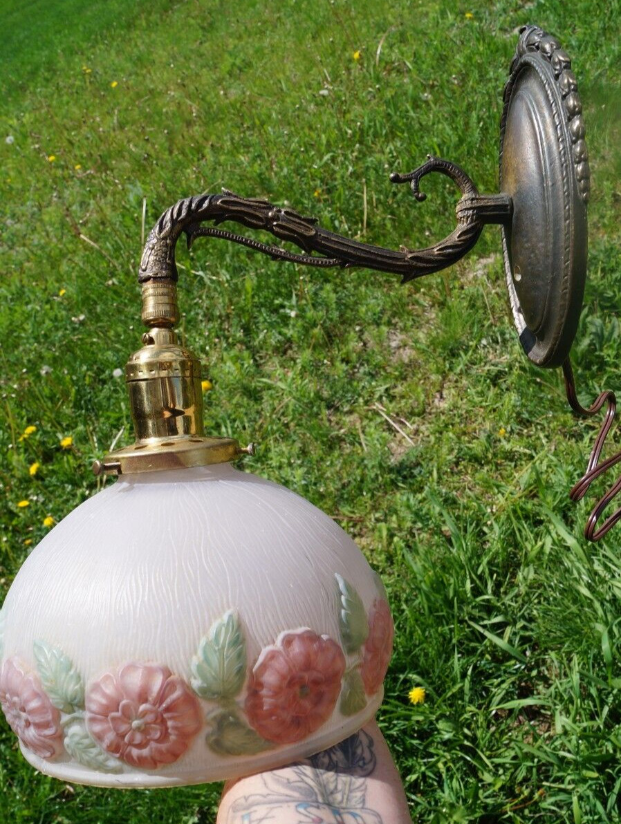 Antique C1920 Iron Wall Sconce Light Fixture Lamp & Reverse Painted PUFFY Shade