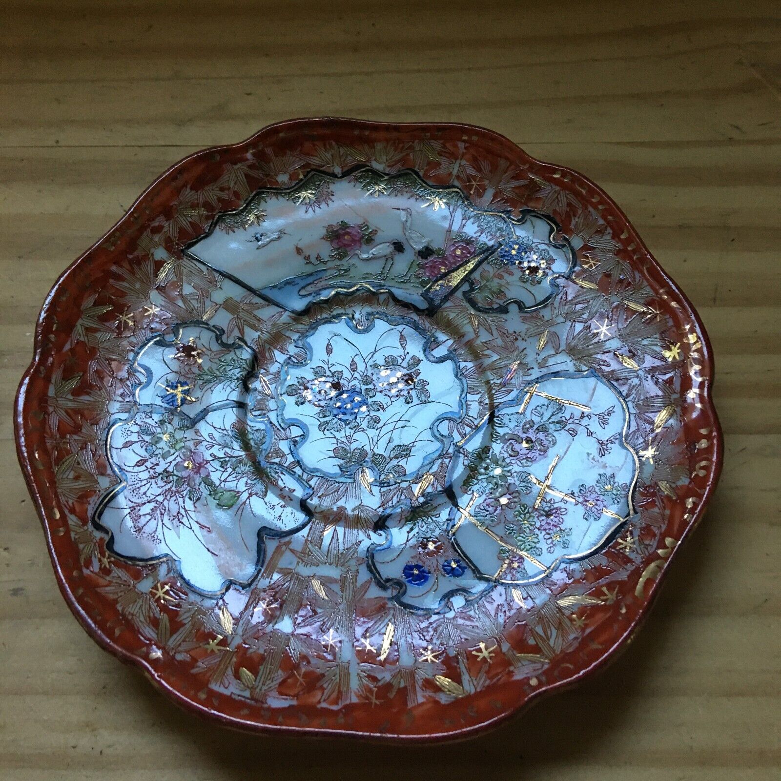 Antique 1920s Hand painted Japanese Porcelain Dish Plate Gold Line Lotus Edge 6\