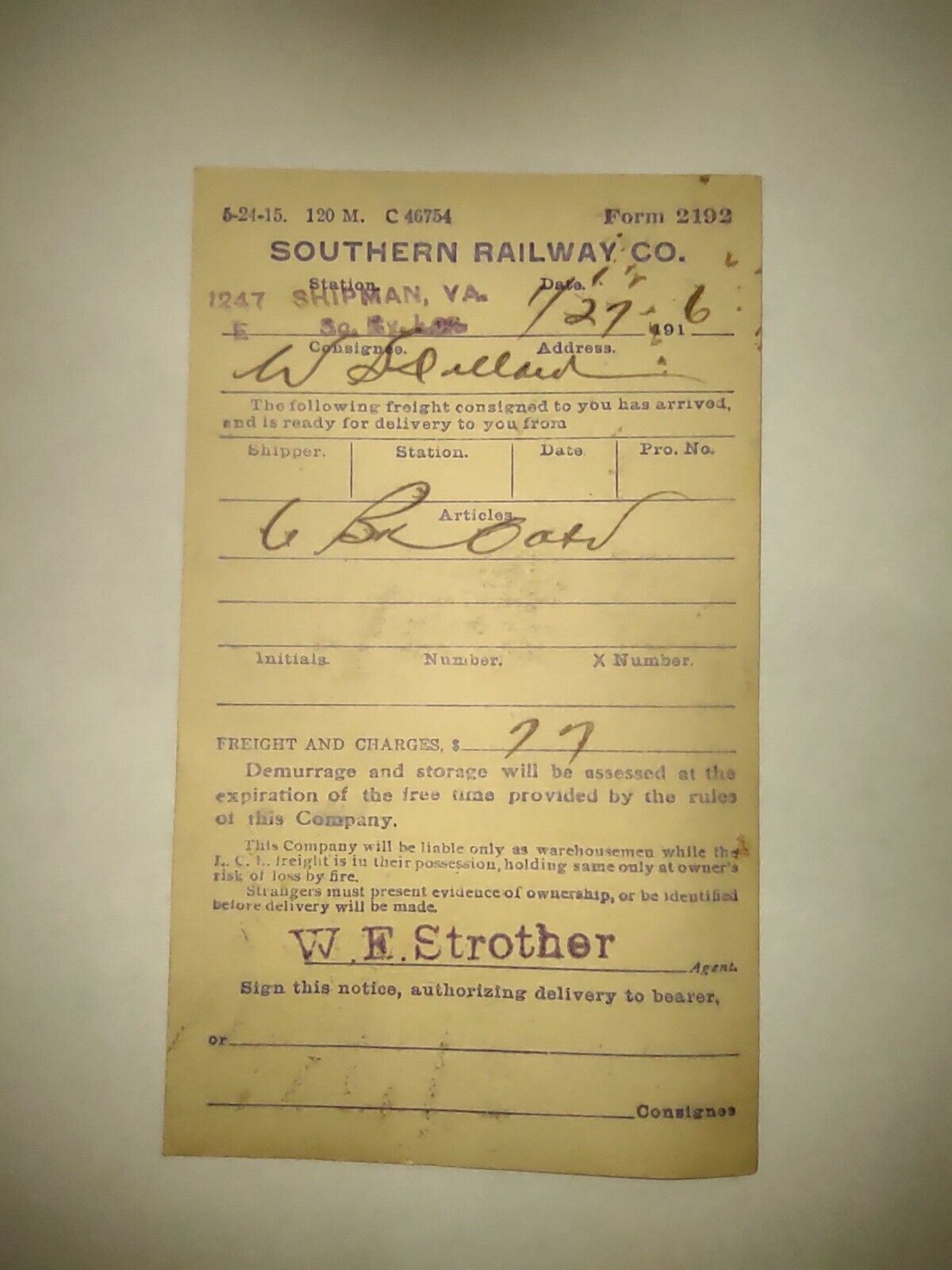 1916 SOUTHERN RAILROAD Shipman VA - Freight Receipt -POST CARD W/1c Stamp