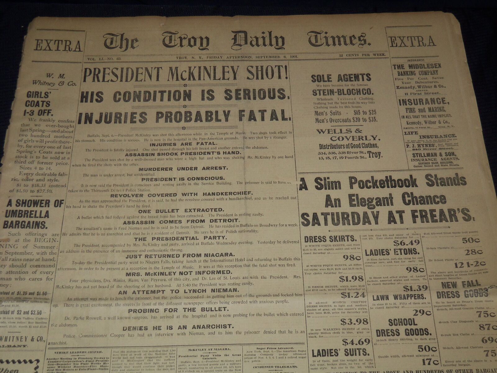 1901 SEPTEMBER 6 TROY DAILY TIMES NEWSPAPER - PRESIDENT MCKINLEY SHOT - NP 1426B