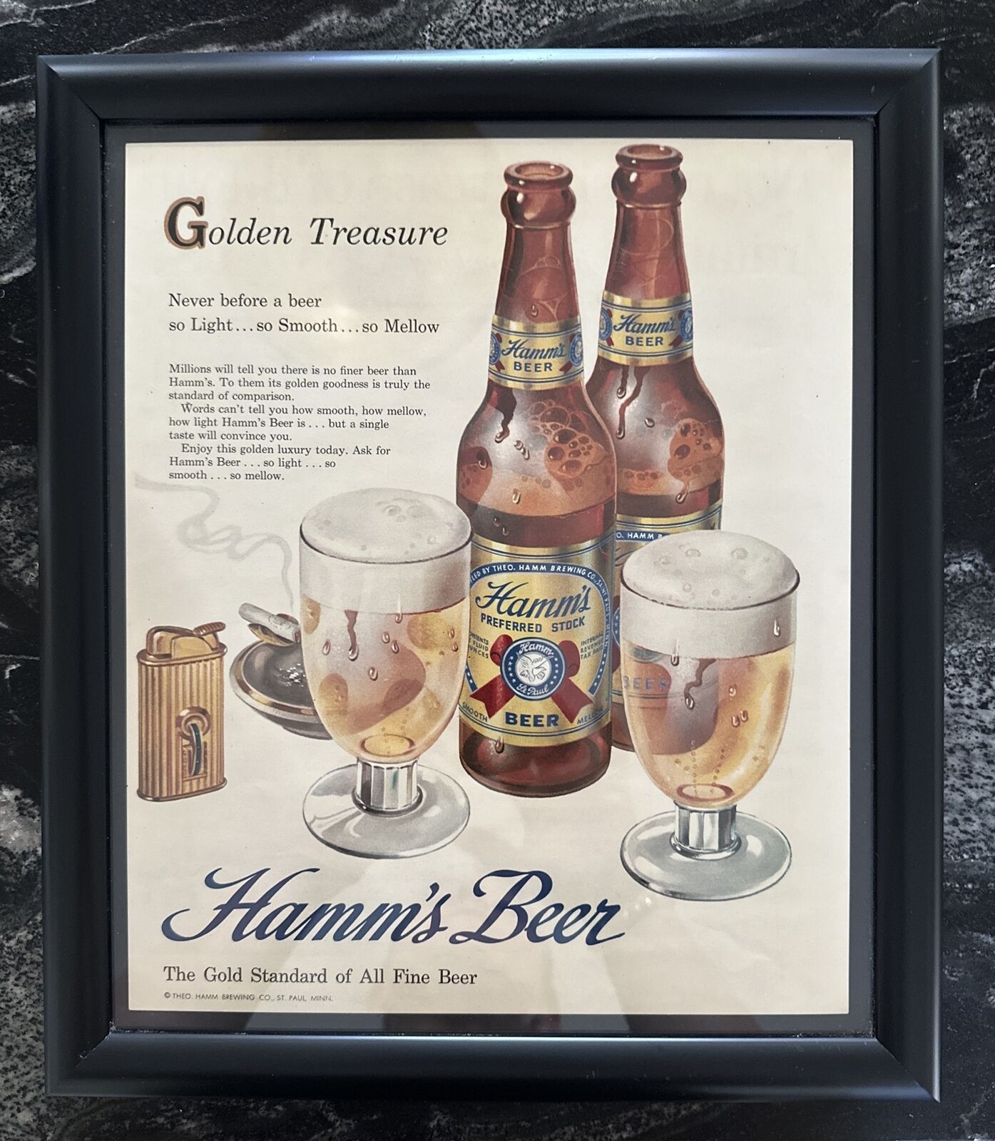 Vintage 1950’s Hamm’s Beer Magazine Ad 14x12 Black Frame