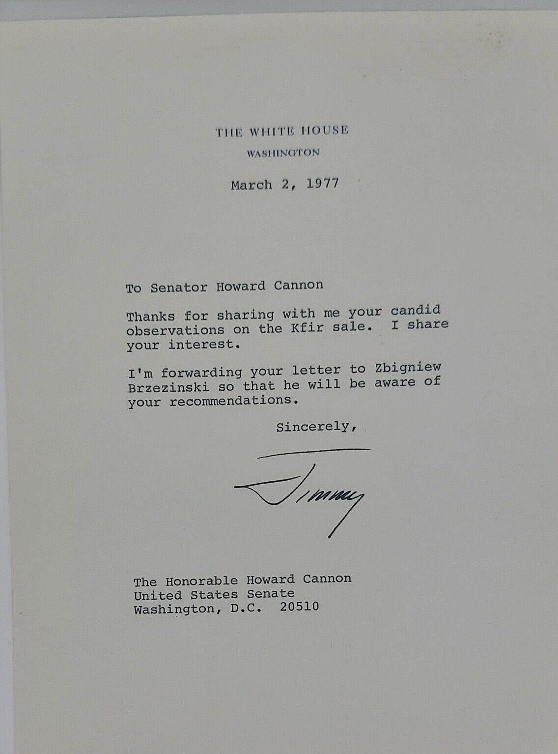 Jimmy Carter Signed White House Letter To Sen Howard Cannon Kfir Sale