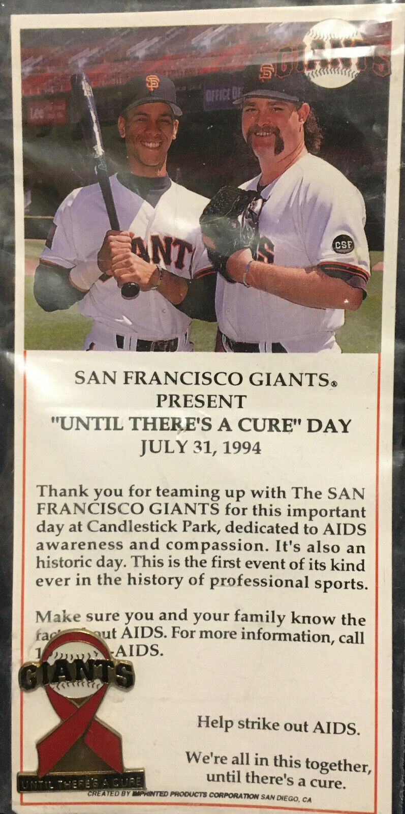 VTG 1994 CHRONICLE COLLECTOR  SAN FRANCISCO GIANTS UNTIL THERE'S A CURE PIN #12