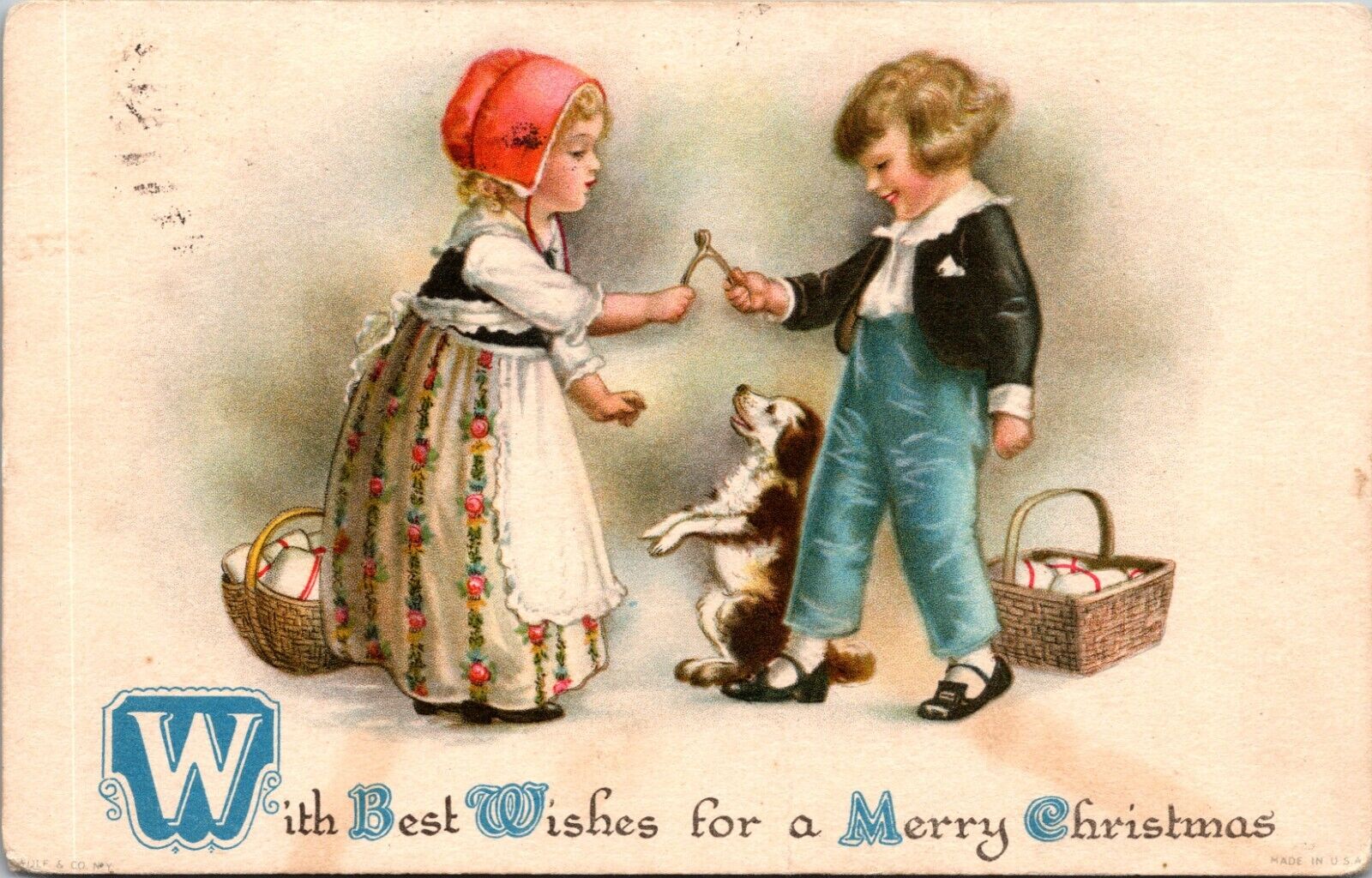 Clapsaddle Christmas Postcard Antique Girl Boy Share Wishbone Pup Dog Wolf 35