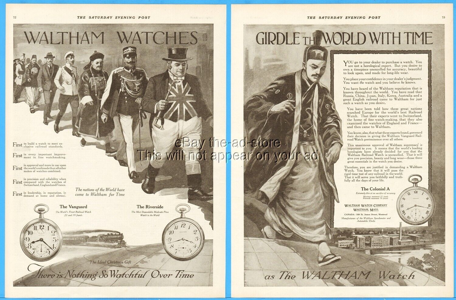 1917 Waltham Pocket Watch Vanguard Riverside Colonial A WWI Railroad Watch Ad