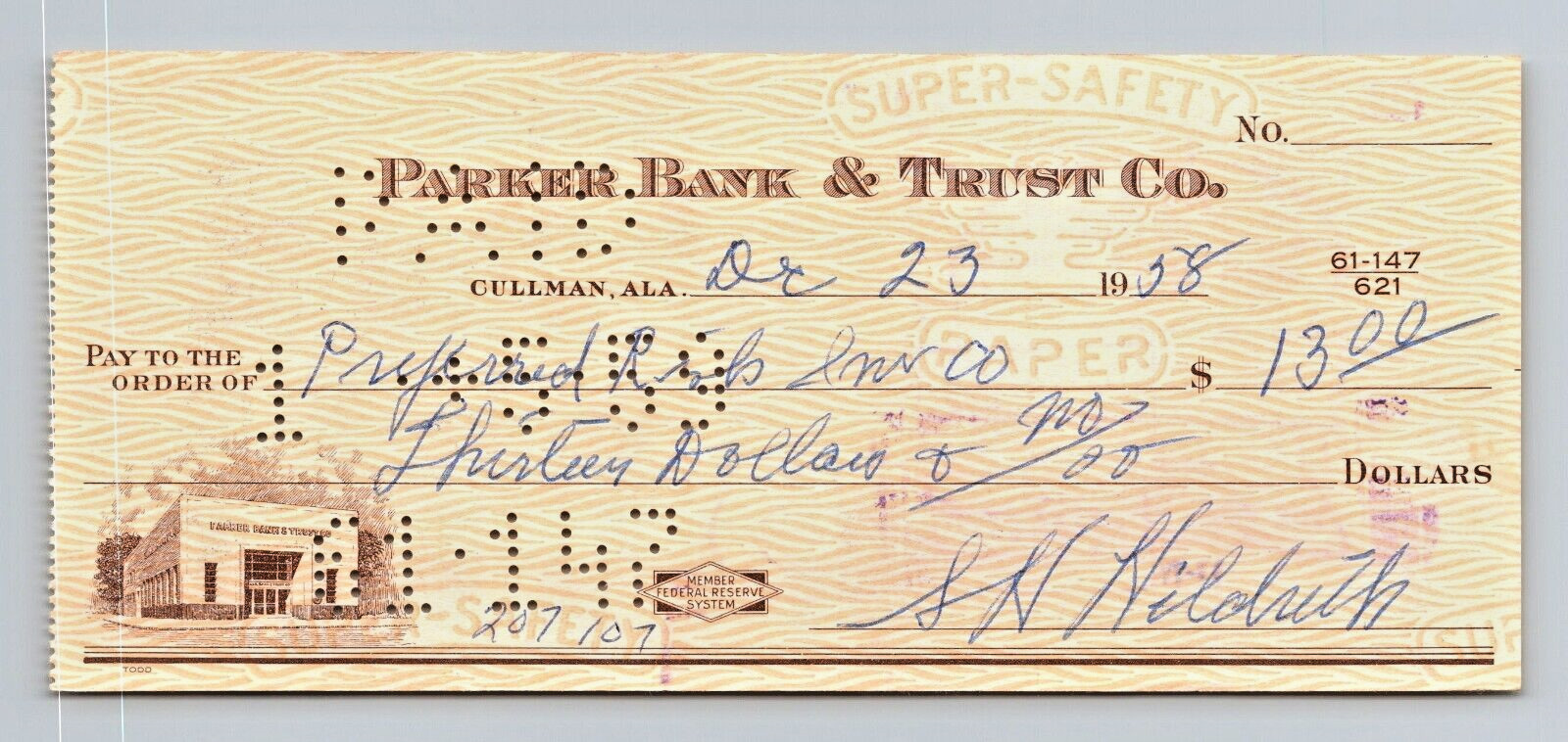 Vintage 1958 cancelled check PARKER BANK & TRUST CO. Cullman, Alabama