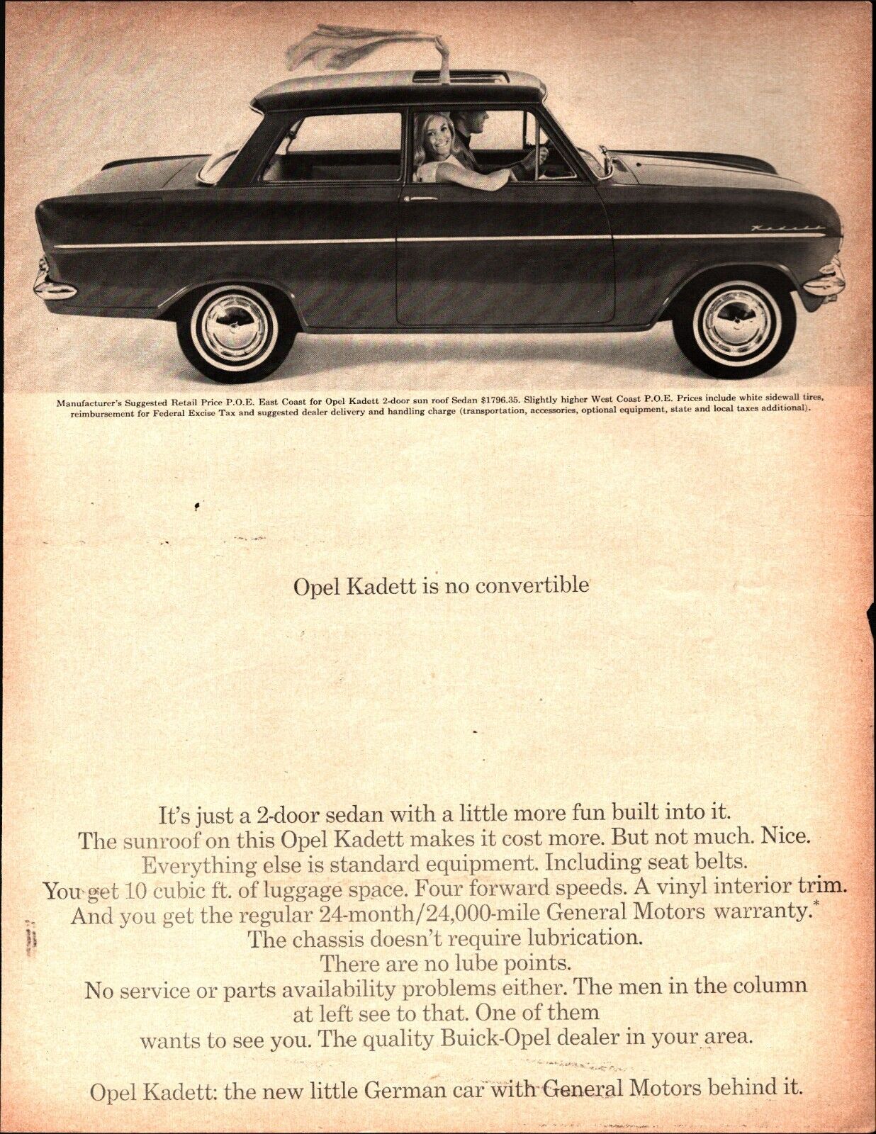 Print Ad Opel Kadett 1964 Sun Roof Sedan Full Page Large Magazine PRETTY GIRL C5
