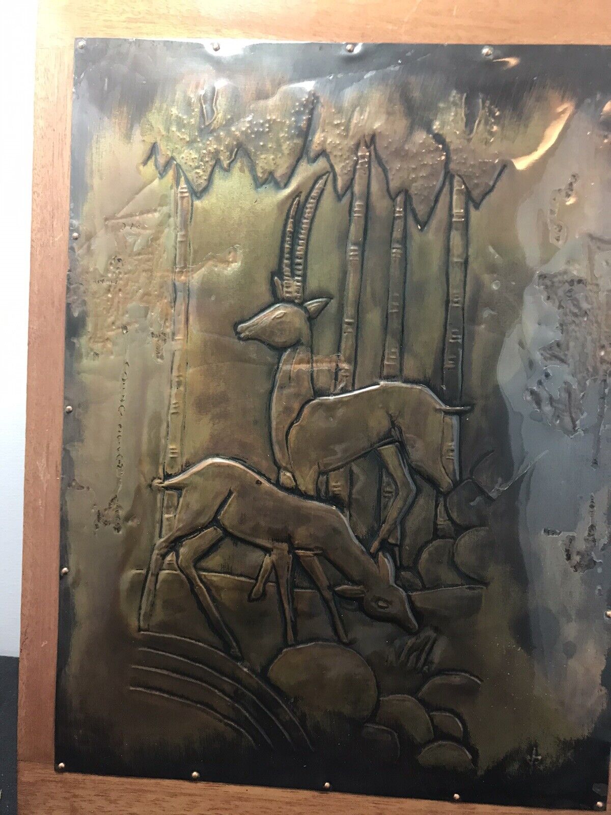 Vtg Tooled Copper Art Wall Hanging Plague Antelope Deer Pair Signed 14.5” X 10.5