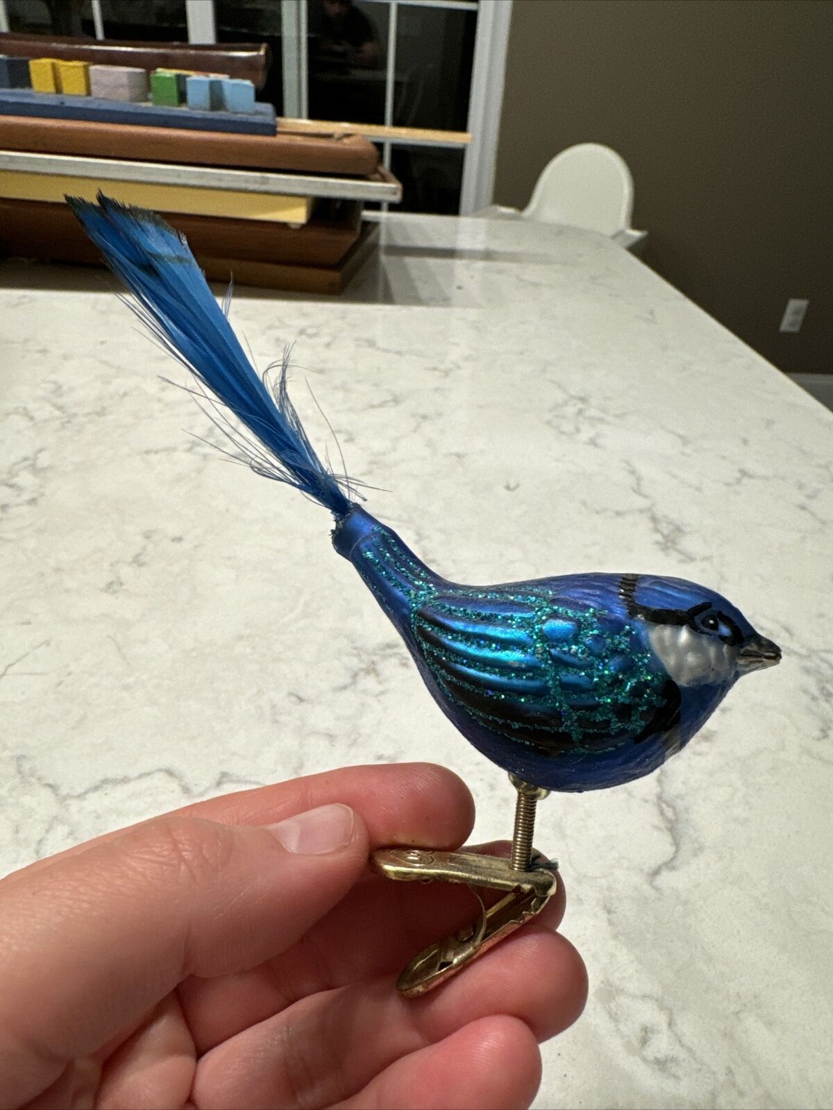 Vintage OWC Old World  Blue Christmas Blown Glass Feather Clip On Bird Ornament