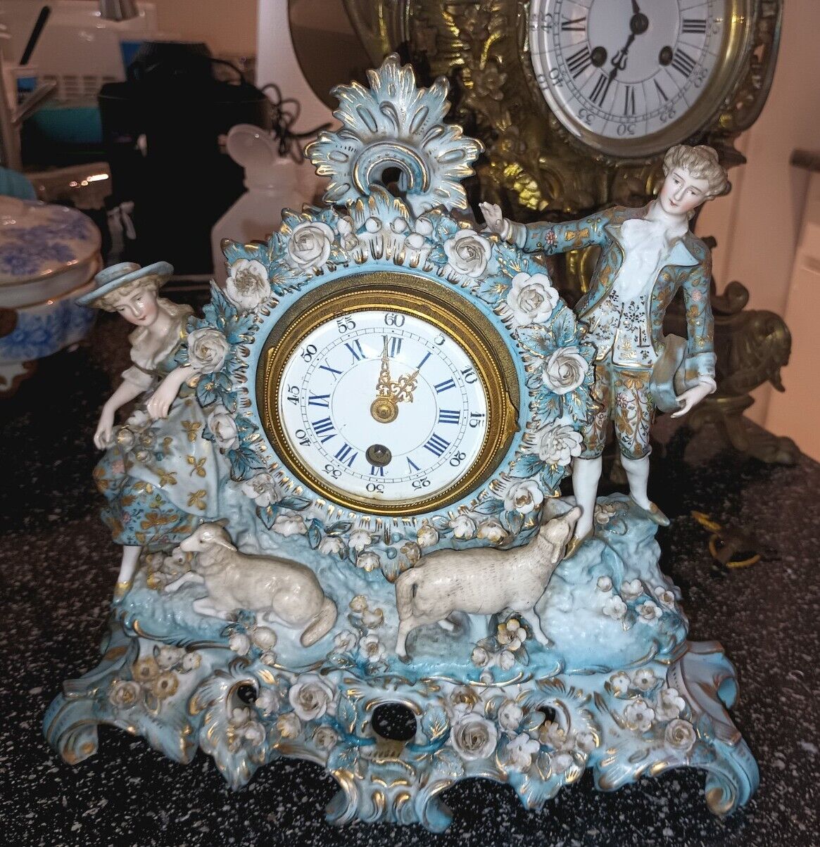 Antique German (Dresden?) Porcelain Ornate Victorian Figural Mantel Clock, 1800s