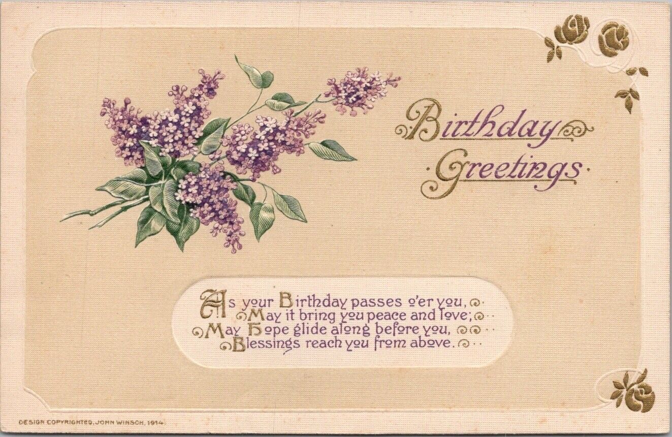 Vintage BIRTHDAY GREETINGS Embossed Postcard Purple Violet Flowers / c1910s