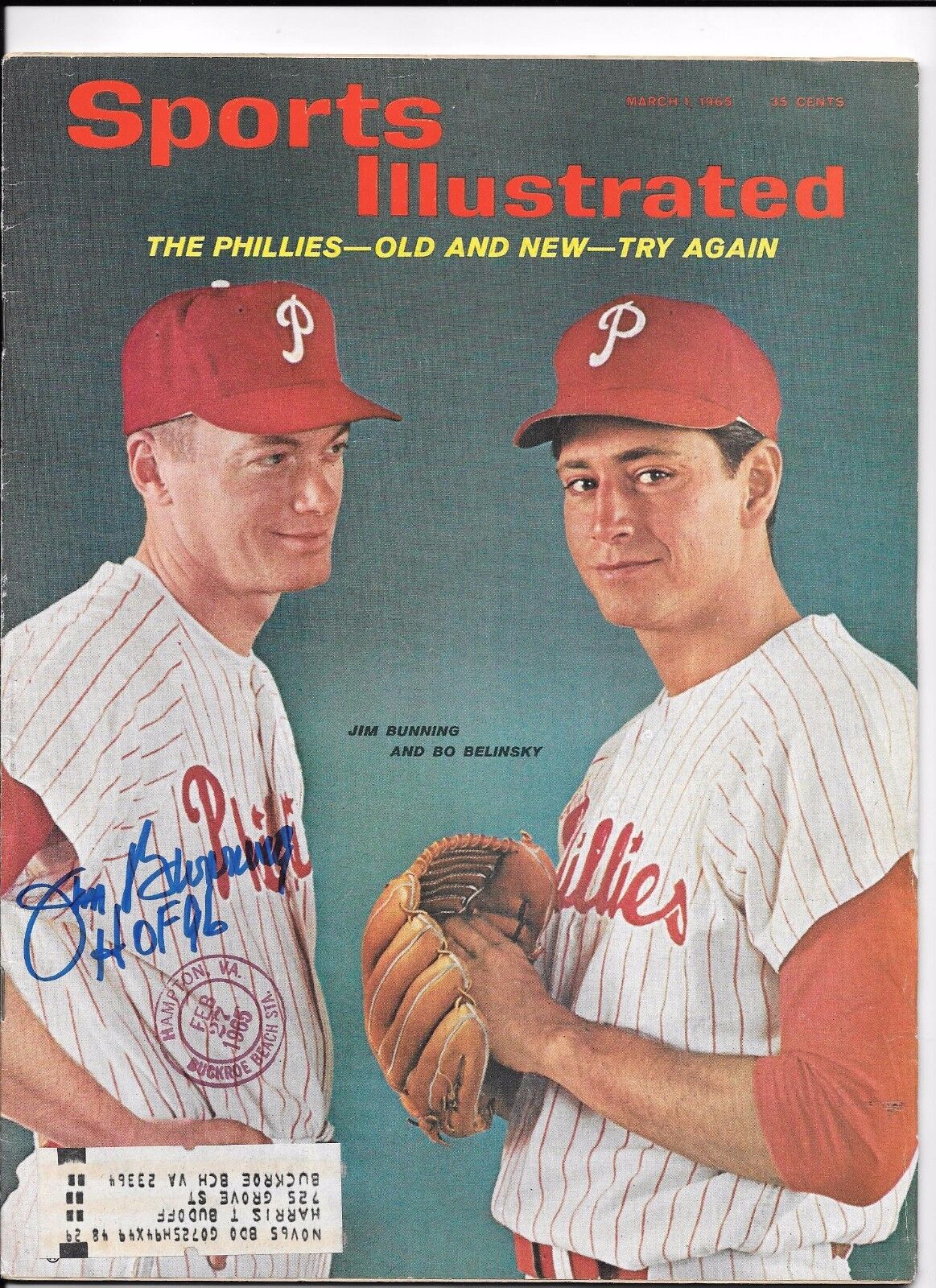 Jim Bunning Autograph / Signed Sport illustrated 3/1/65 Philadelphia Phillies