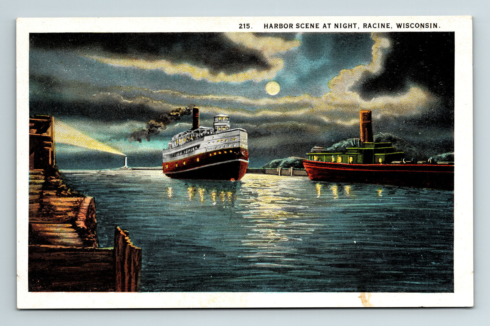 c1925 WB Postcard Racine WI Moonlight Night View Harbor Scene Steamer Ships