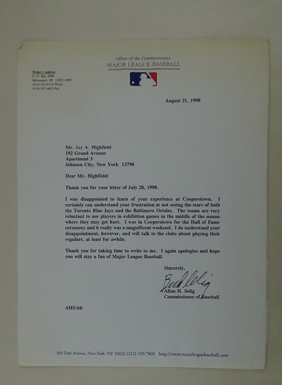 Allan Bud Selig 1998 Commissioner of Baseball MLB Signed Letter #890