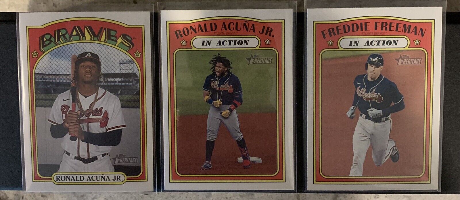 2021 Topps Heritage 3 Card Lot: Ronald Acuna Jr and Freddie Freeman. In Action