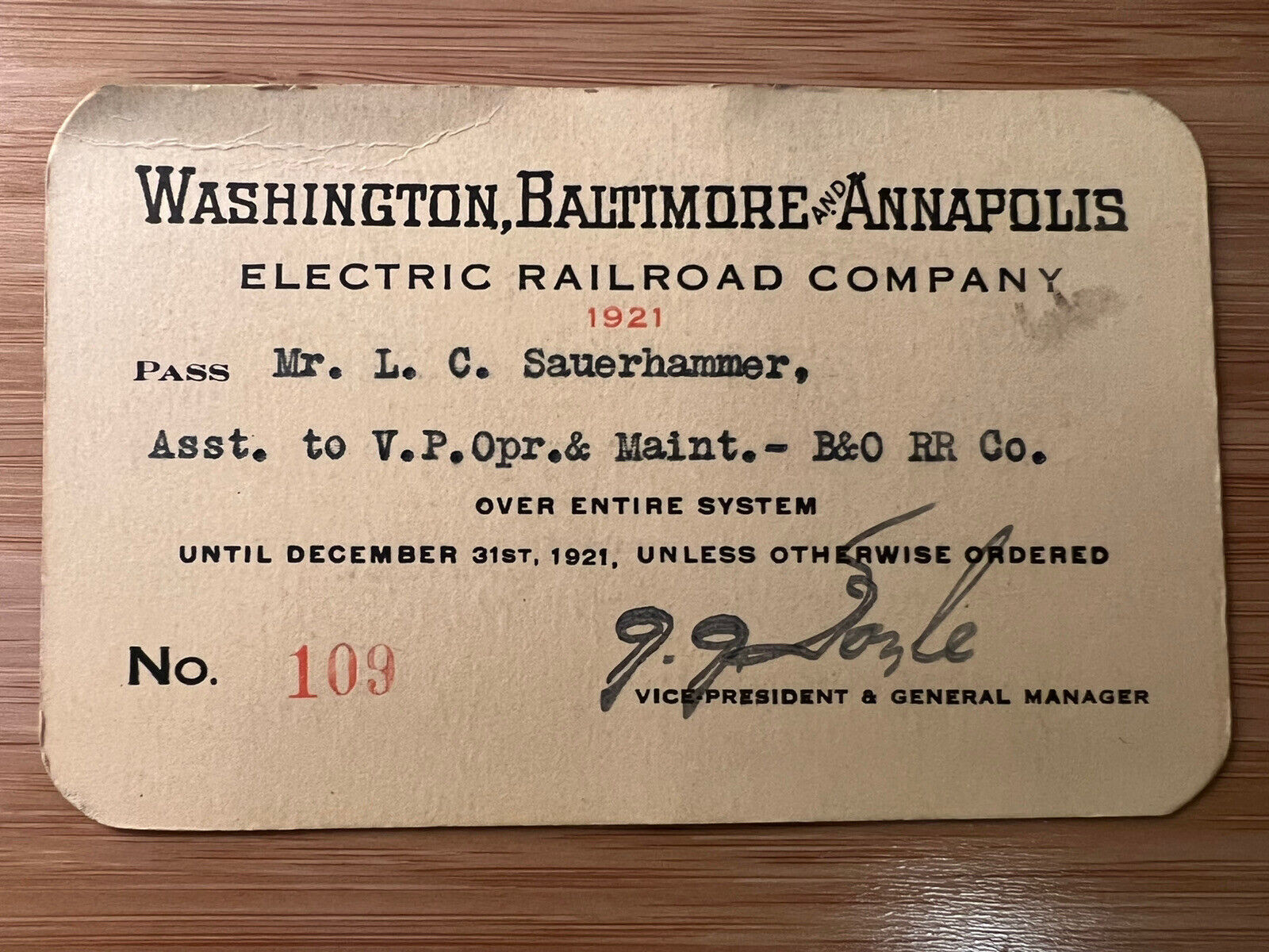 RARE 1921 WASHINGTON, BALTIMORE AND ANNAPOLIS ELECTRIC RAILROAD COMPANY PASS