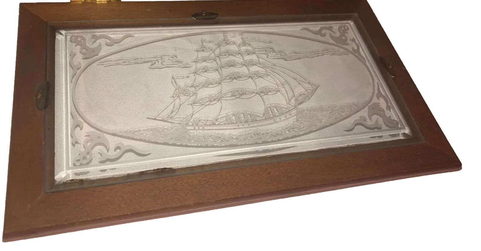 Vintage Wooden Jewelry Box Etched Clipper Ship Glass Wood Box Nautical Nice