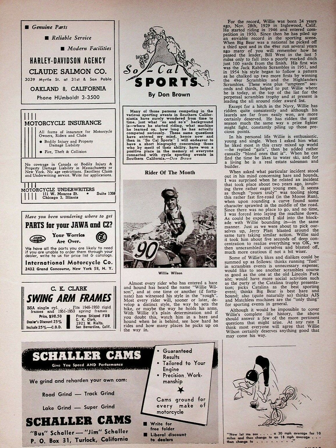 1954 Willie Wilson Motorcycle Rider of the Month - 1-Page Vintage Article