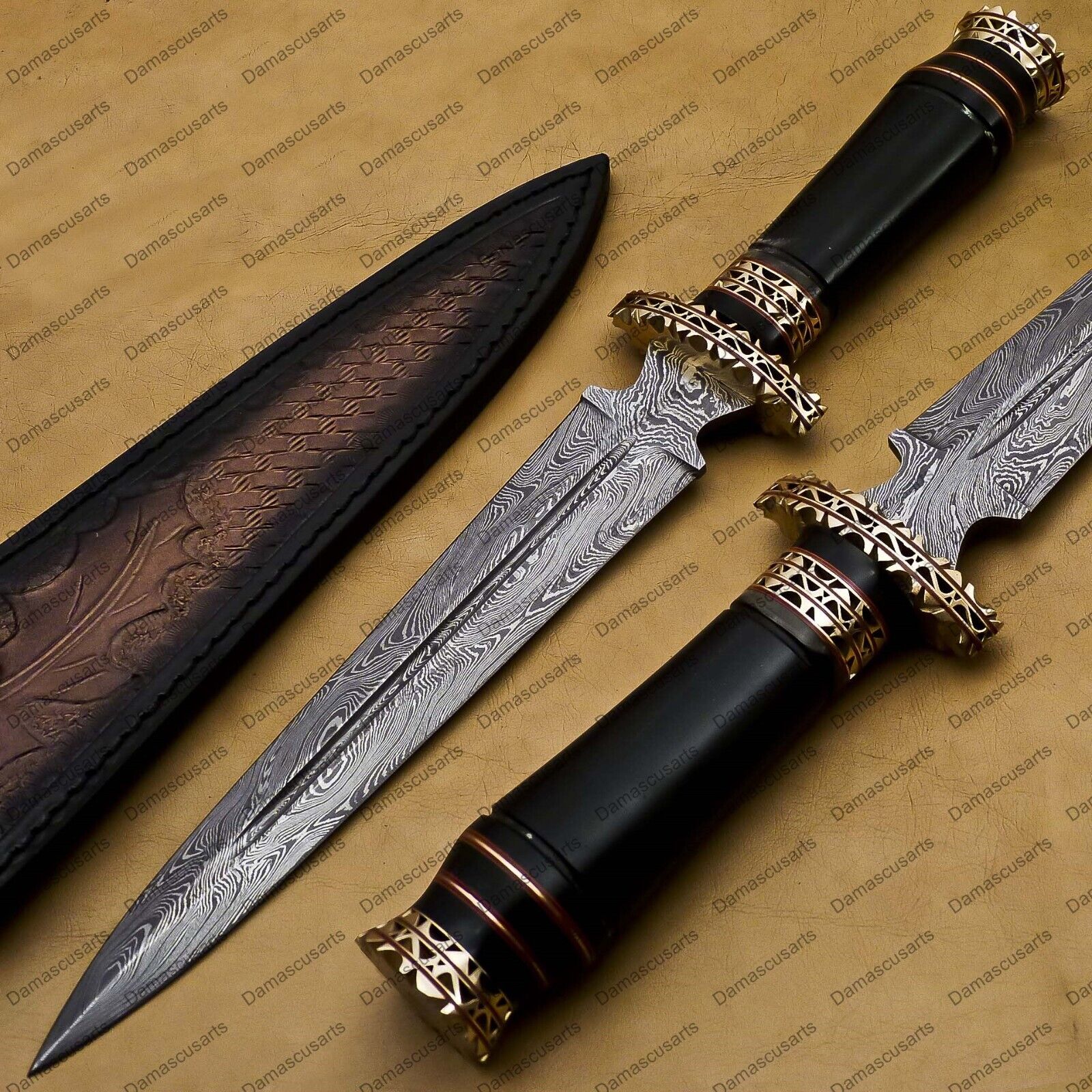 High-End Handmade Damascus Steel Mosaic Bowie Knife Hunting Knife Leather Sheath