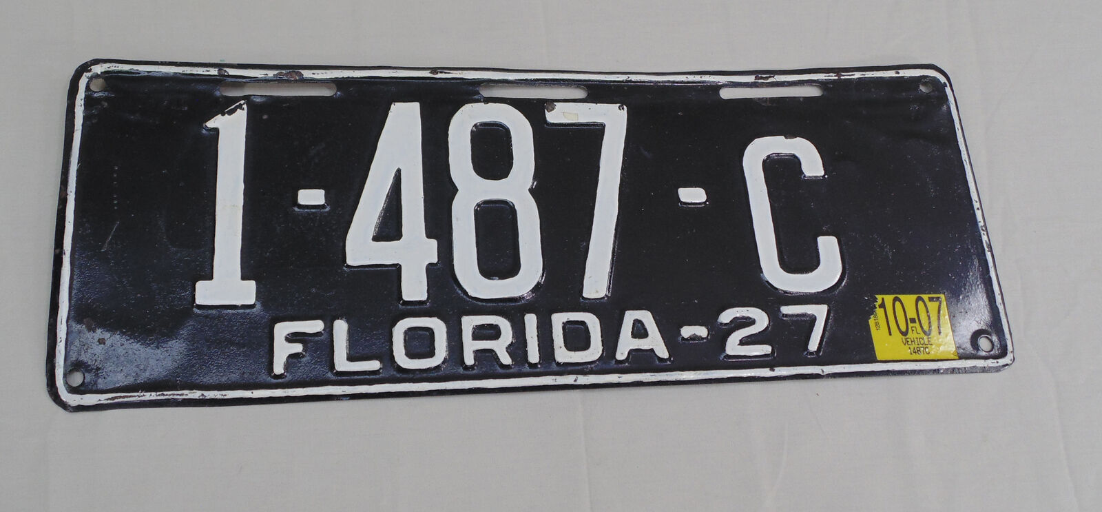 Antique 1927 Florida State Original License Plate Tag 1-487-C Black 16\