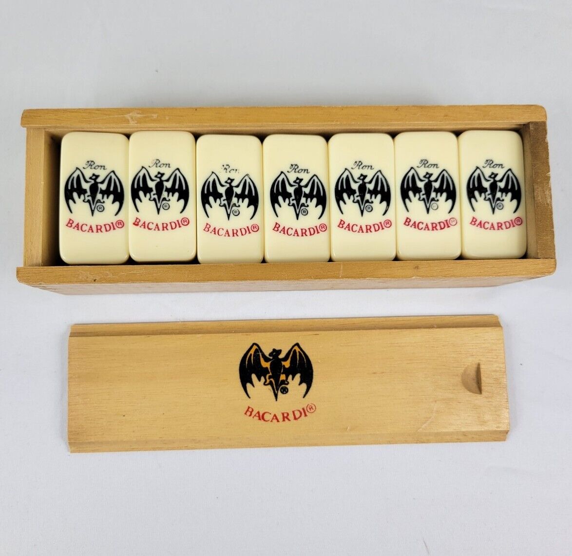 Vintage Ron Bacardi Promo Double Six Dominoes w/Spinners in Wooden Case
