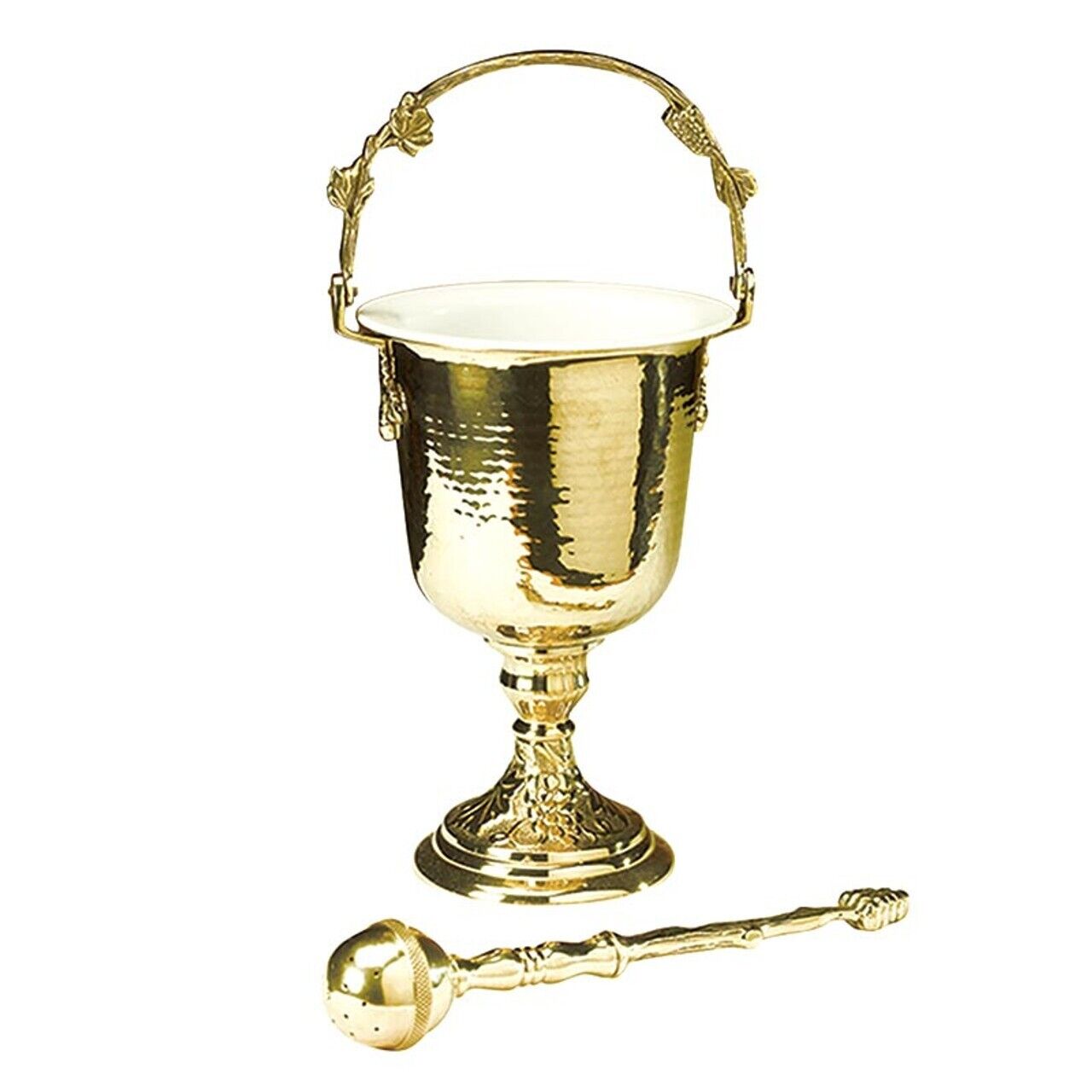 Ornate Brass Hammer Finish Empty Holy Water Pot with Sprinkler For Church 14 In