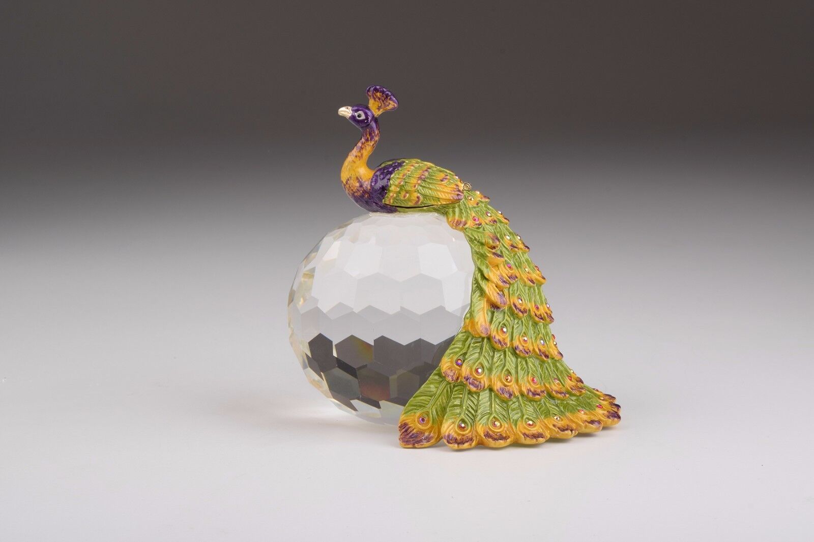 Peacock on Crystal bowl Trinket Box by Keren Kopal with Austrian Crystal
