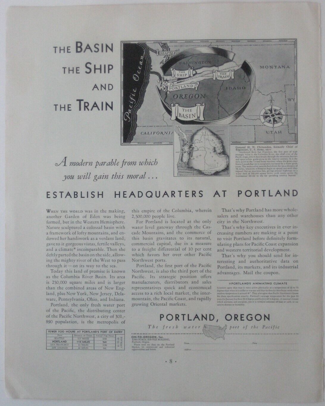 Original 1931 PORTLAND Oregon Columbia River Basin Advertising Map Railroad Ship