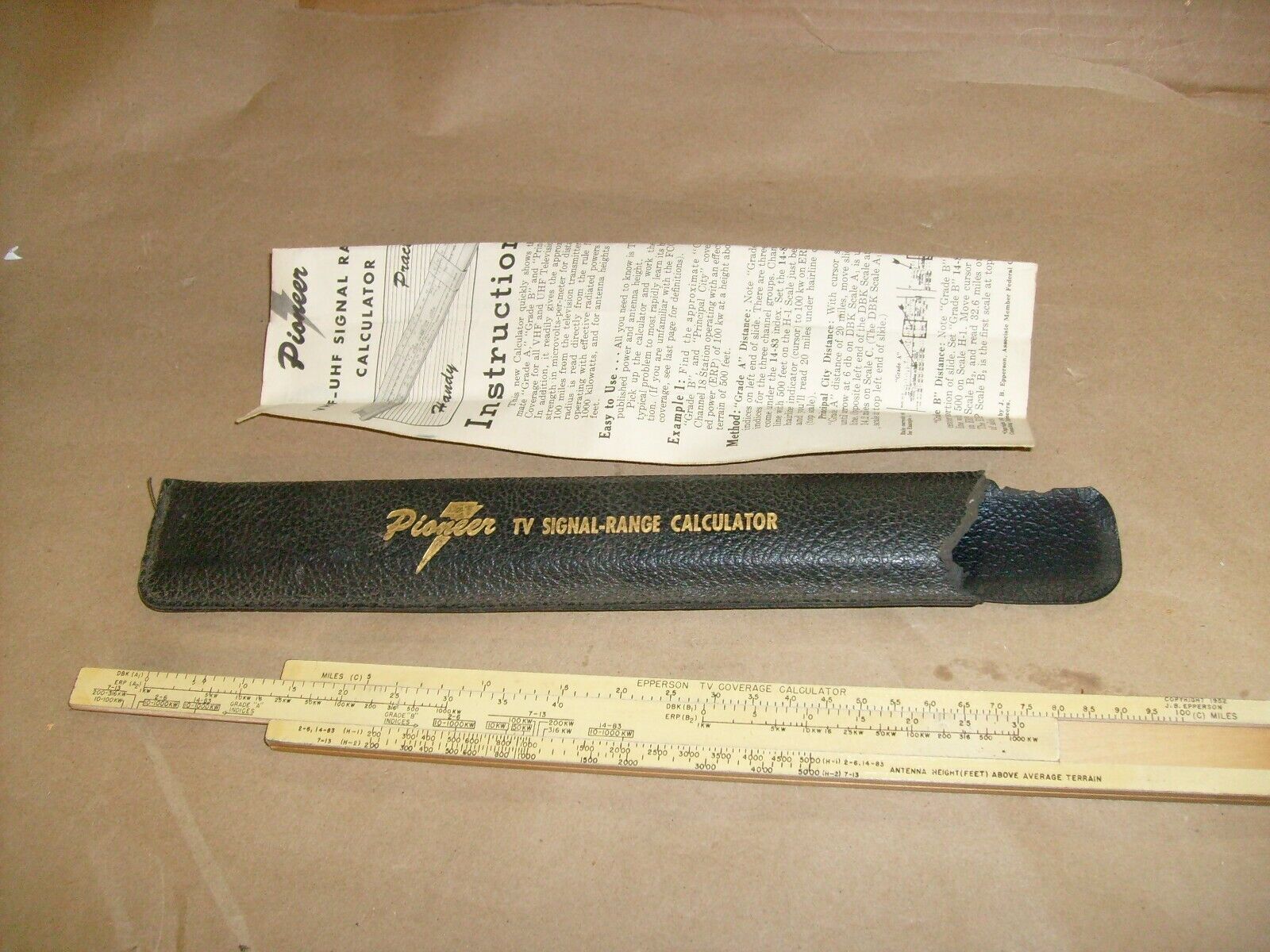 1952 Pioneer TV Signal Range Calculator - Slide ruler with directions - Epperson