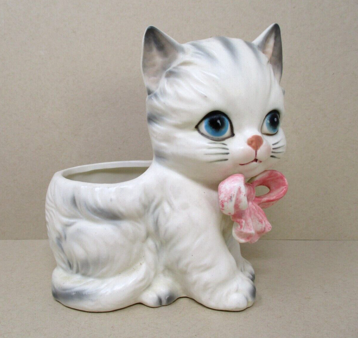 Vintage Cat Planter Kitsch Cute Baby Kitten Pink Bow Blue Eyes