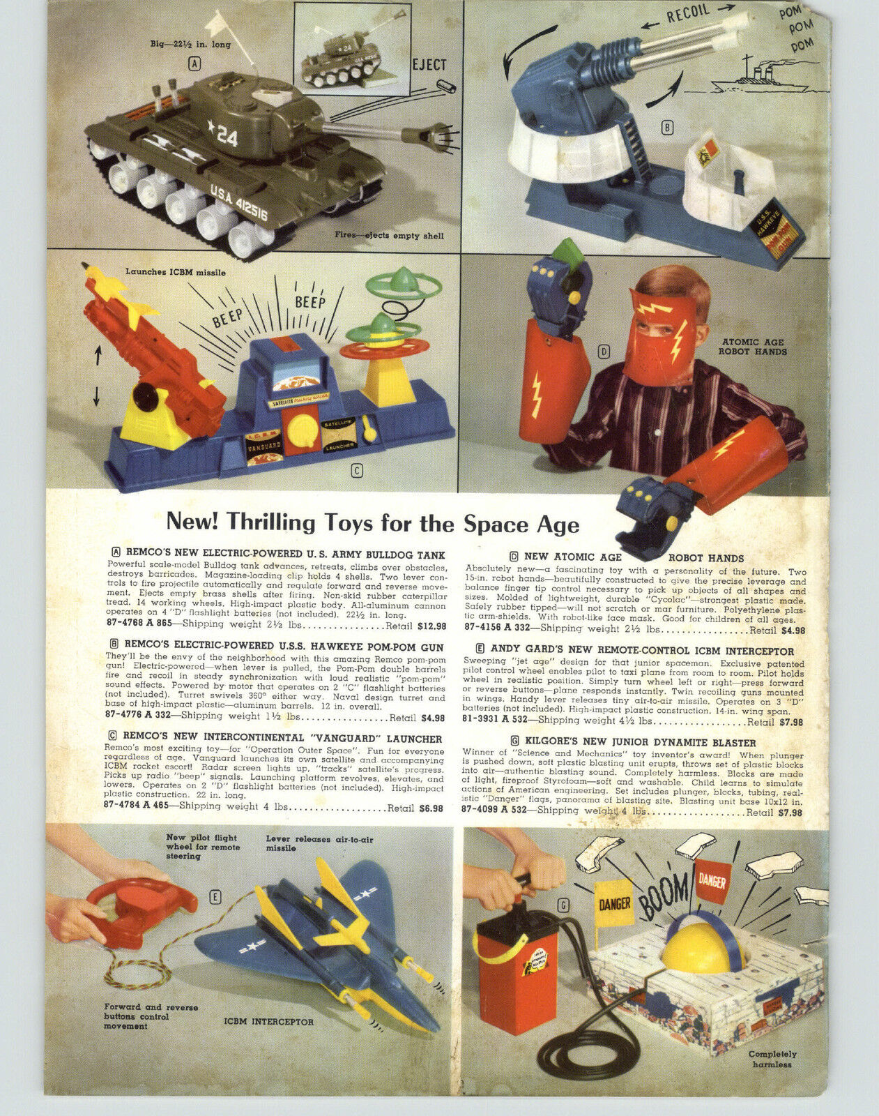 1958 PAPER AD Atomic Age Robot Hands Toy Remco US Army Bulldog Tank Pom Pom Gun