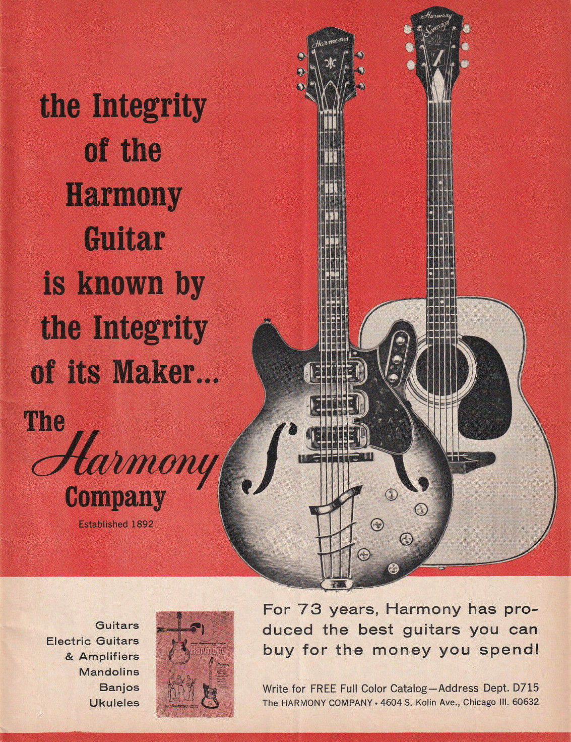 1965 HARMONY H77 SOVEREIGN GUITAR VINTAGE FULL PAGE AD