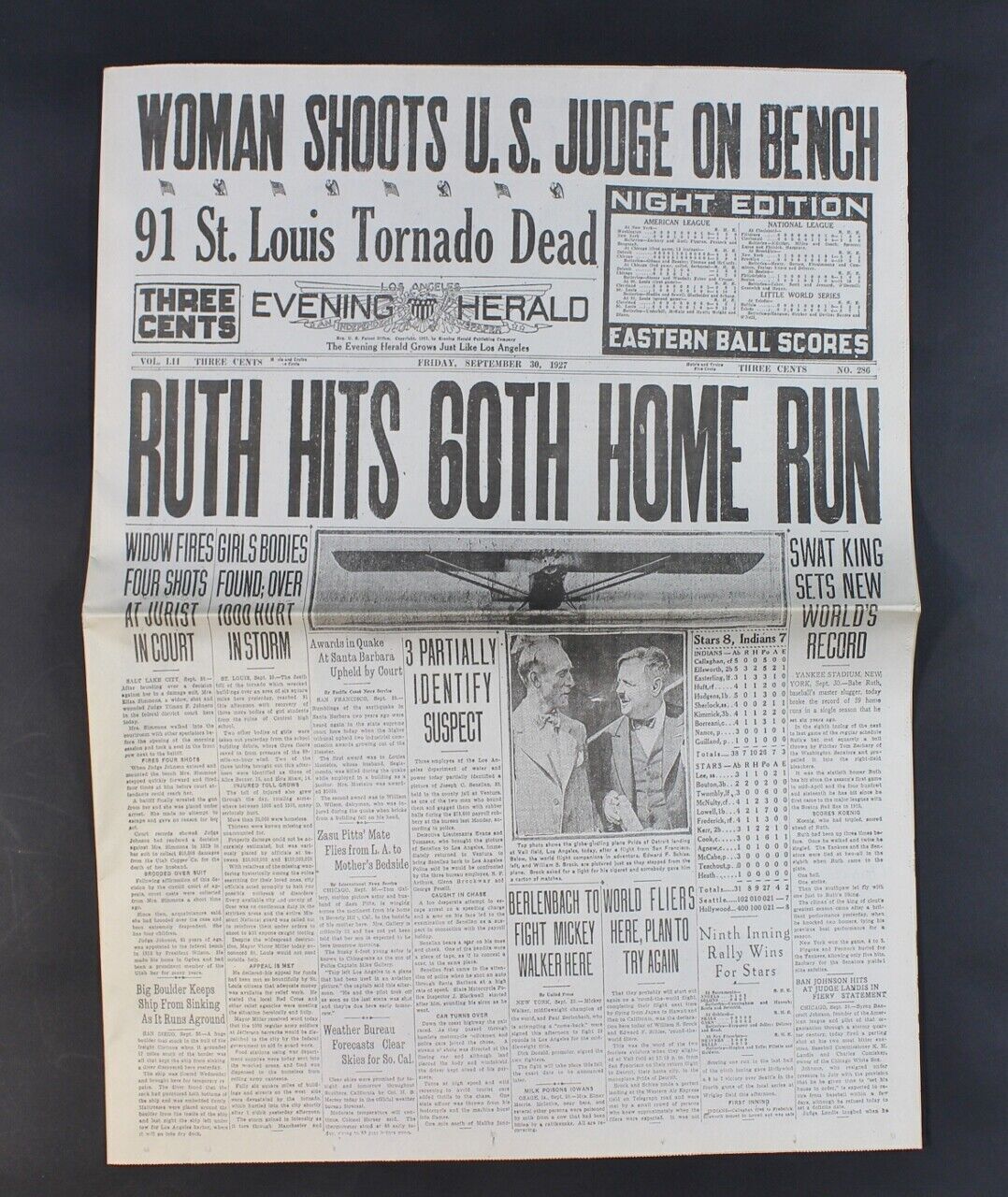 September 30 1927 Babe Ruth 60th Home Run Los Angeles 1920\'s Vintage Newspaper
