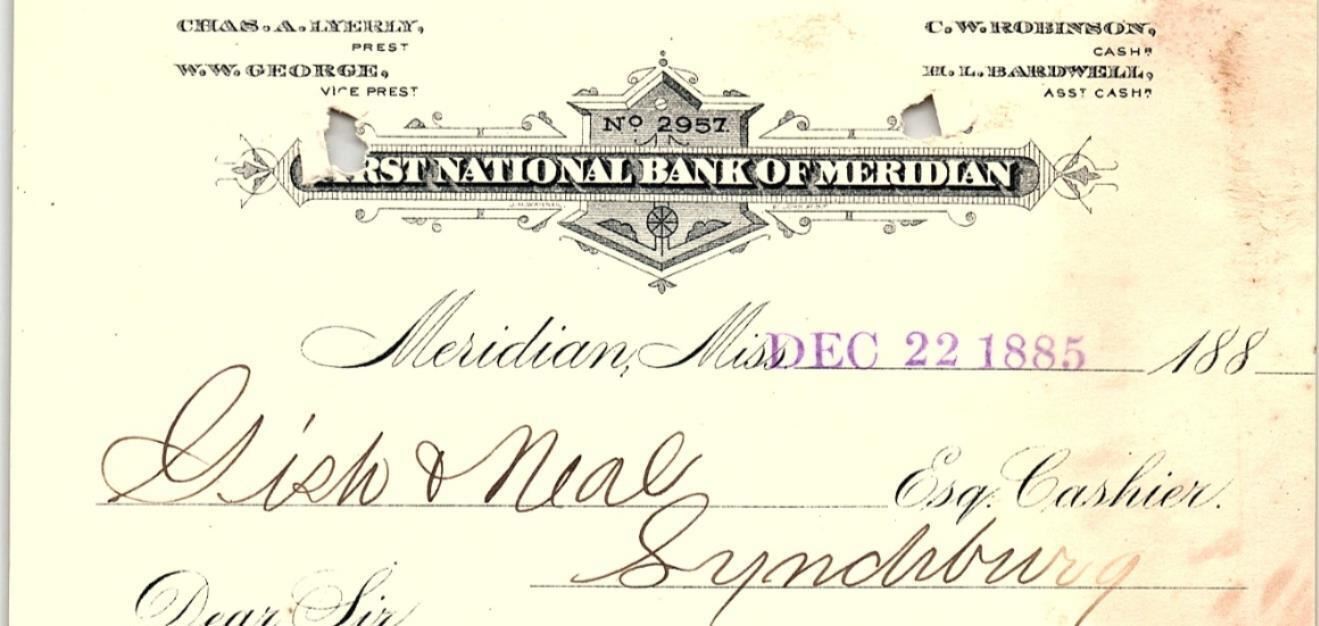 1885 MARIDIAN MISSISSIPI FIRST NATIONAL BANK OF MERIDIAN R E GISH TOBACCO Z1712