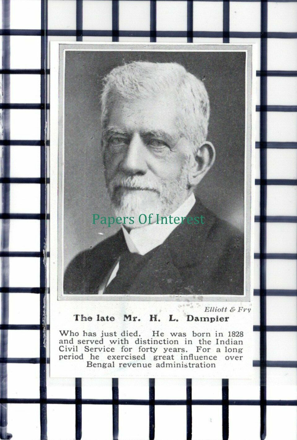 C5993) Mr H L Dampier Indian Civil Service Obituary - 1913 Cutting SMALL