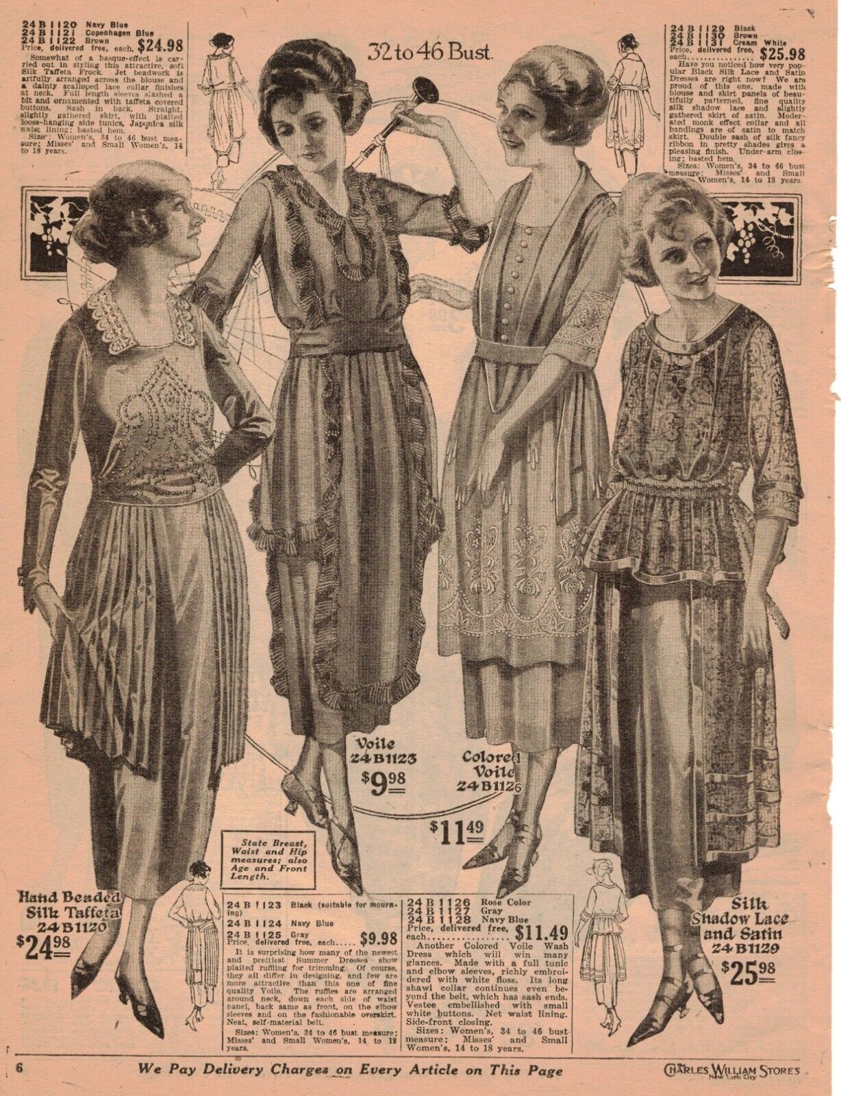 Vtg Print Ad 1920s 1921 Charles Williams New York Fashion Women Dress Bust 32 46