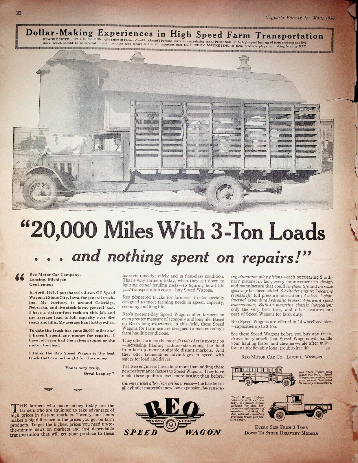 1930 REO Speed Wagon Motor Car Co. Lansing Michigan Farm Truck - Vintage Ad