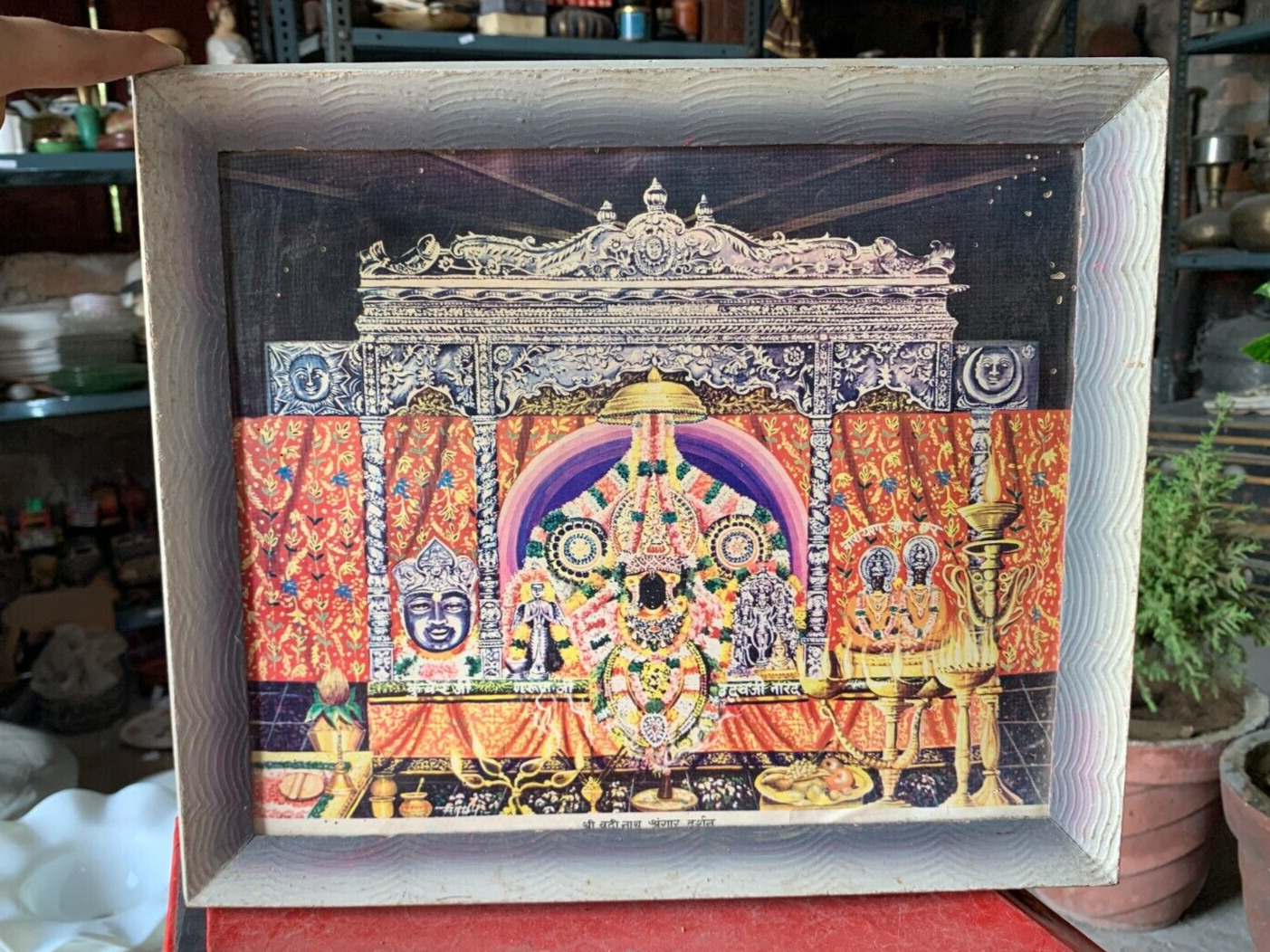 Antique Old God Shri Badrinath Shringaar Darshan Lithograph Print Wooden Framed