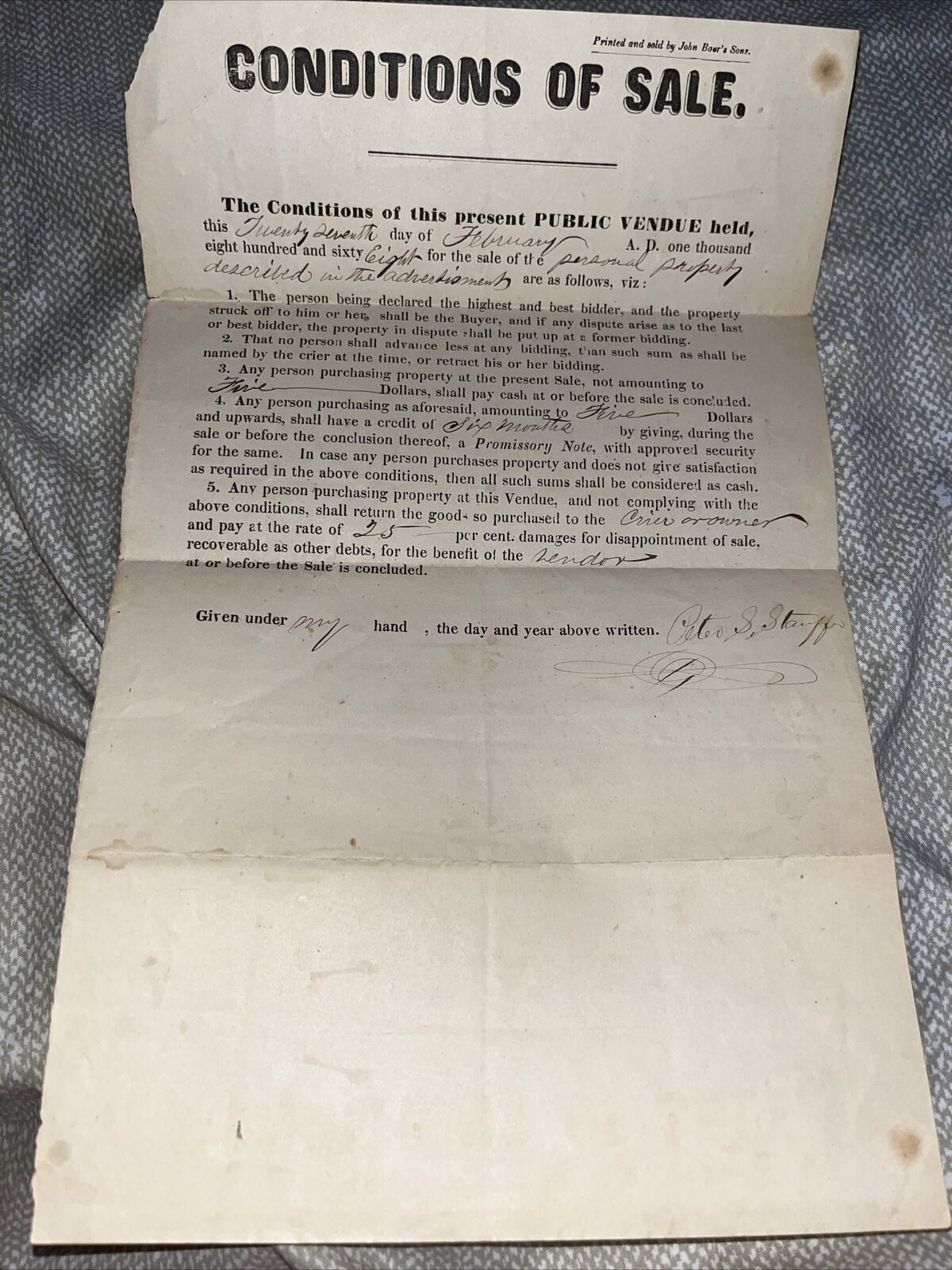 Post-Civil War 1869 Public Auction Notice & Conditions of Sale - Peter Stauffer